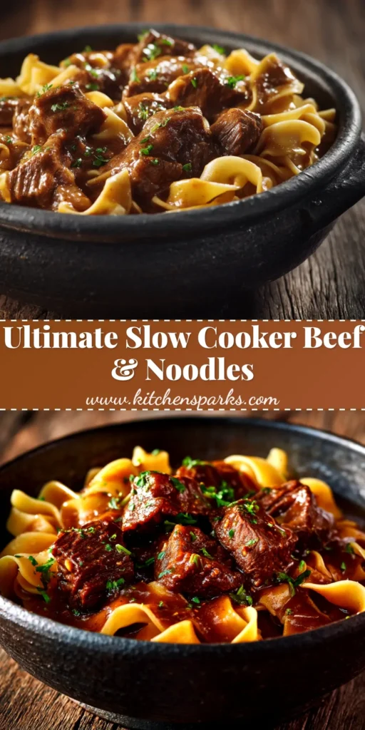 A large white bowl filled with delicious slow cooker beef and noodles, showing tender shredded beef and a rich gravy over egg noodles, garnished with fresh parsley.