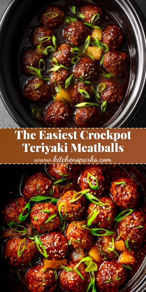 A bowl of saucy Slow Cooker Teriyaki Meatballs garnished with sesame seeds and green onions, perfect for an easy party appetizer or dinner.