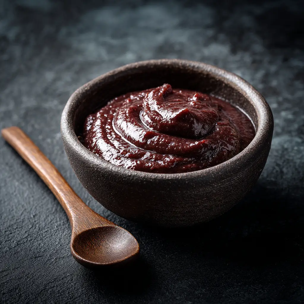 A close up view of homemade red bean paste, showcasing its smooth consistency perfect for a Japanese anko recipe.
