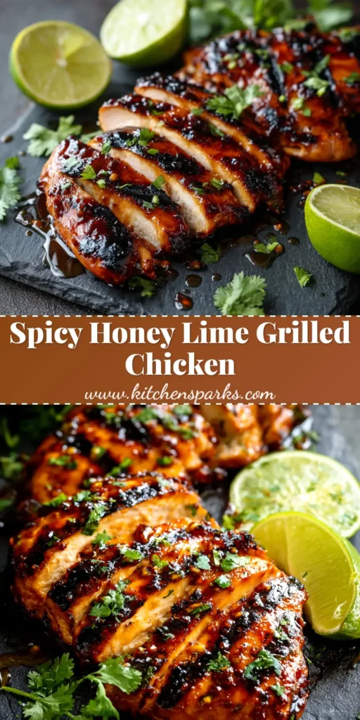 A close-up shot of sliced Spicy Honey Lime Chicken, glistening with a sticky glaze and garnished with fresh cilantro and lime wedges.