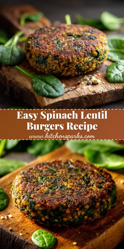 A close-up shot of delicious, homemade Spinach Lentil Burgers served on a toasted bun with fresh lettuce and tomato. The perfect healthy vegetarian burger recipe.