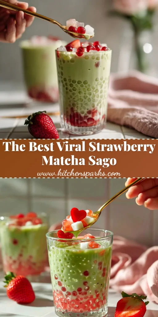 A tall glass of Strawberry Matcha Sago showing perfect layers of red strawberry puree, white creamy sago, and green matcha.