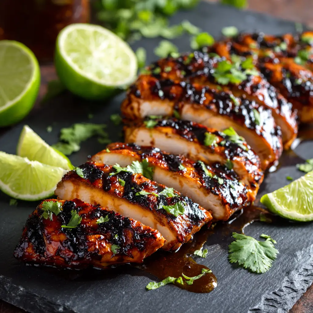 A plate of sweet and spicy chicken served with a side of rice and fresh lime, showcasing a complete meal.