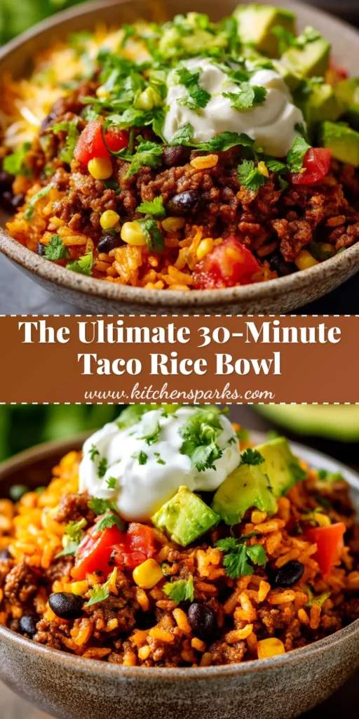 An overhead shot of a vibrant taco rice bowl, packed with seasoned ground beef, rice, fresh lettuce, tomatoes, and cheese. A perfect easy weeknight dinner idea.