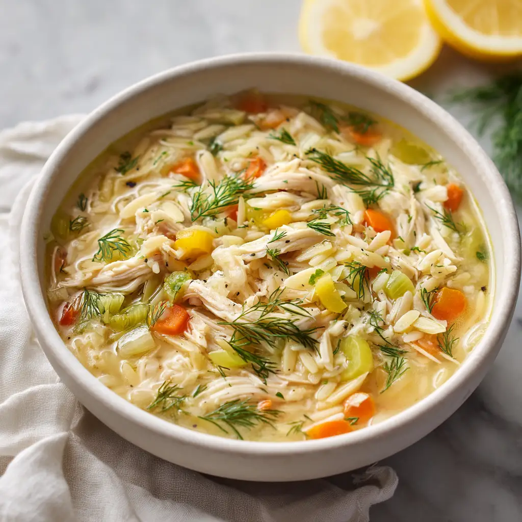 A bright and inviting bowl of traditional Greek egg-lemon soup, ready to be served with a side of crusty bread.