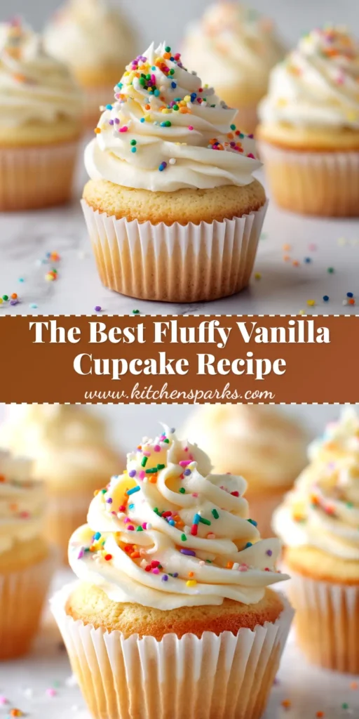 A perfectly frosted vanilla cupcake with rainbow sprinkles, showcasing the best vanilla cupcake recipe.