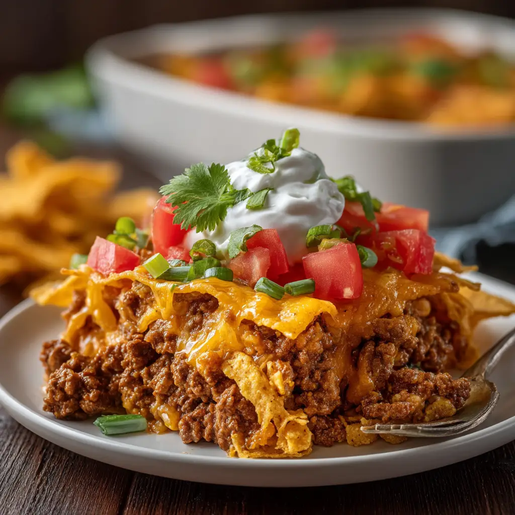 A close-up view of the Walking Taco Casserole ingredients ready for assembly, including ground beef, cheese, and corn chips.