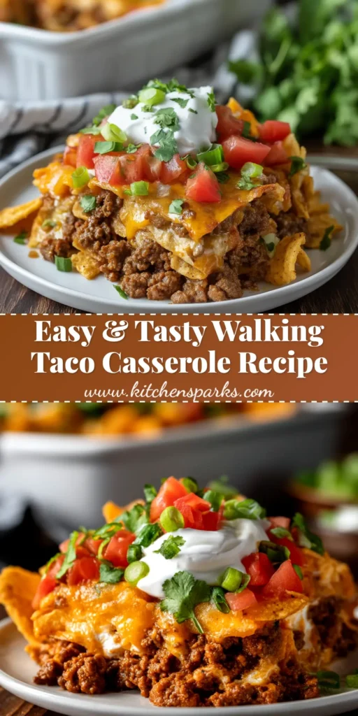 A delicious serving of Walking Taco Casserole on a plate, topped with fresh lettuce, tomatoes, and sour cream. The ultimate easy weeknight dinner idea.