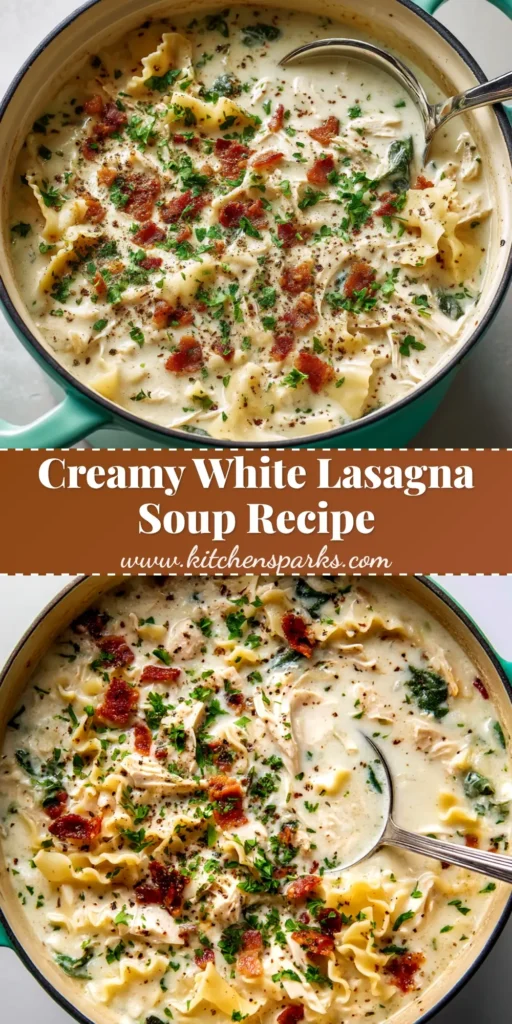 An inviting bowl of creamy white lasagna soup, topped with melted mozzarella cheese and fresh parsley, with a spoon ready to dive in.