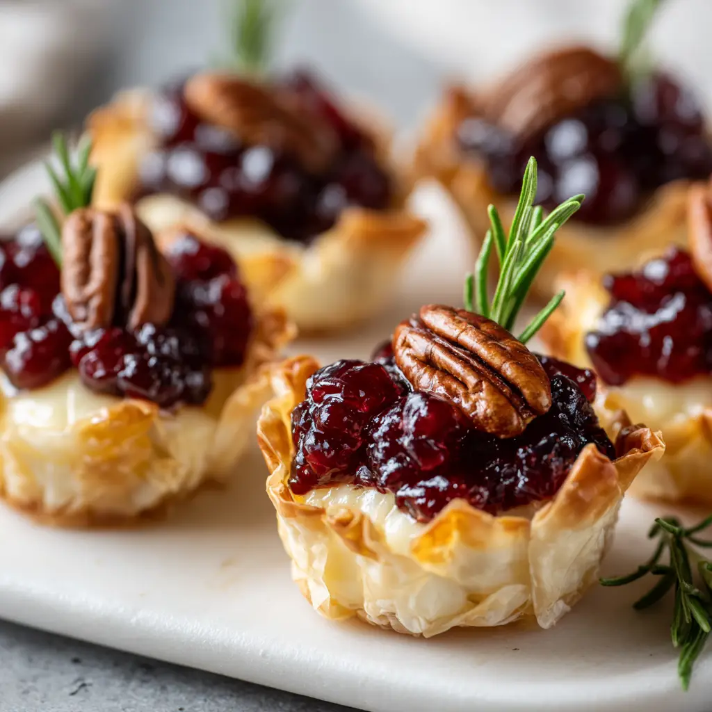 A close up view of gorgeous holiday brie cups garnished with a single lightly toasted brown pecan half and a tiny sprig of fresh green rosemary with visible individual needles.