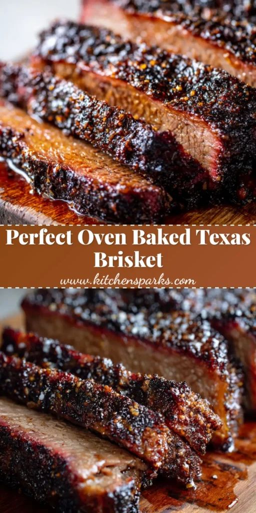 Thickly sliced Oven Baked Beef Brisket with a rugged peppery bark resting on a wooden board.