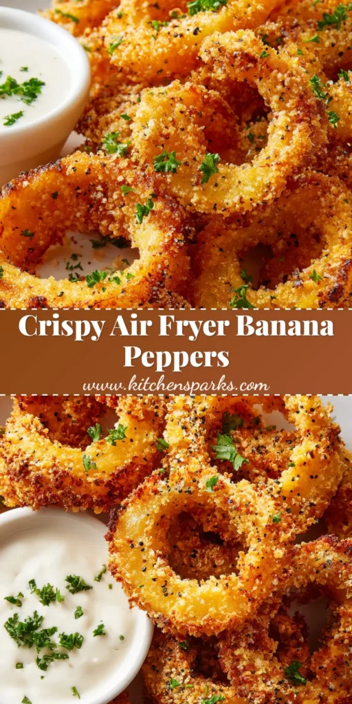 Close-up of crispy, golden-brown Air Fryer Banana Peppers piled on a plate next to ranch dip.