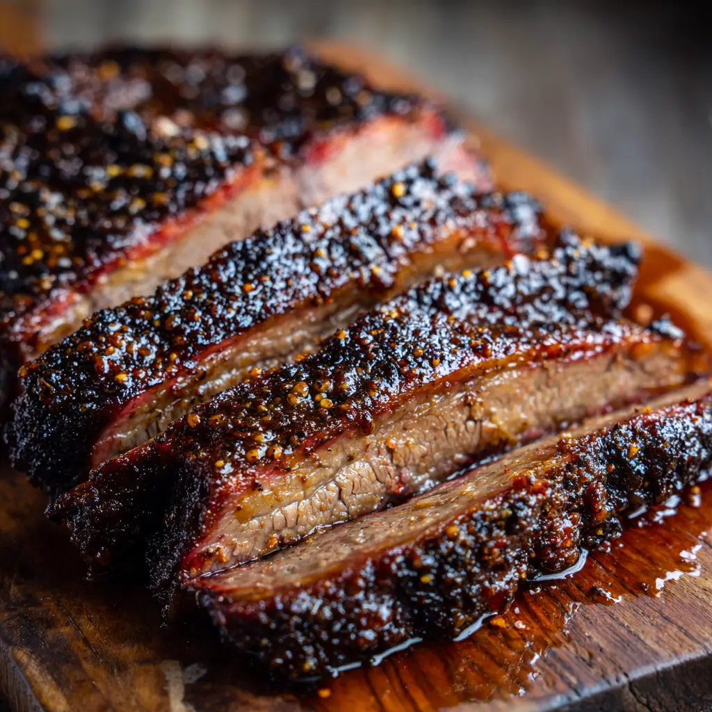 Reddish-brown Oven Baked Beef Brisket glistening with rendered fat and savory juices.