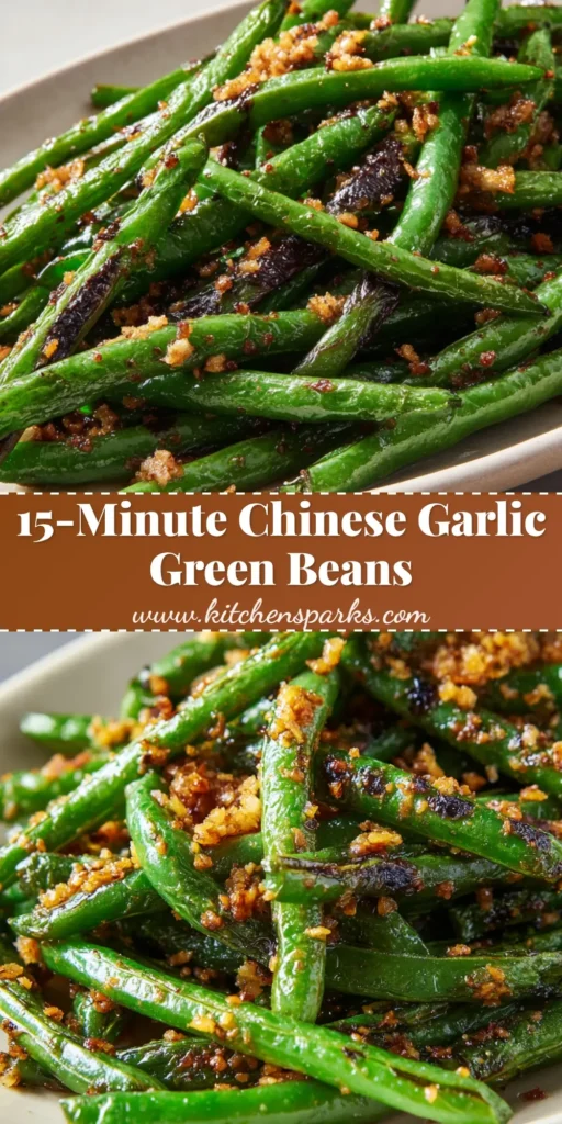 A generous pile of blistered Chinese Garlic Green Beans served on an off-white ceramic oval plate, glistening with a light oil coating.