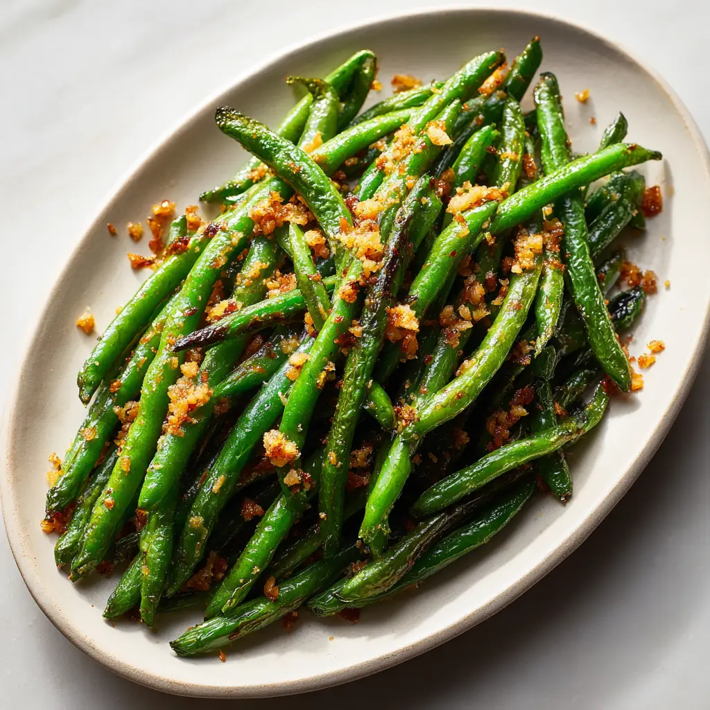 Chinese Garlic Green Beans heavily speckled with finely minced, golden-brown toasted garlic bits.