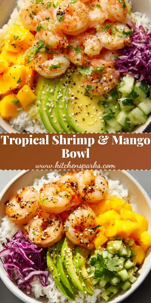 A beautiful Shrimp Rice Bowl loaded with pan-seared shrimp, vibrant diced mango, creamy sliced avocado, and shredded cabbage over fluffy jasmine rice.