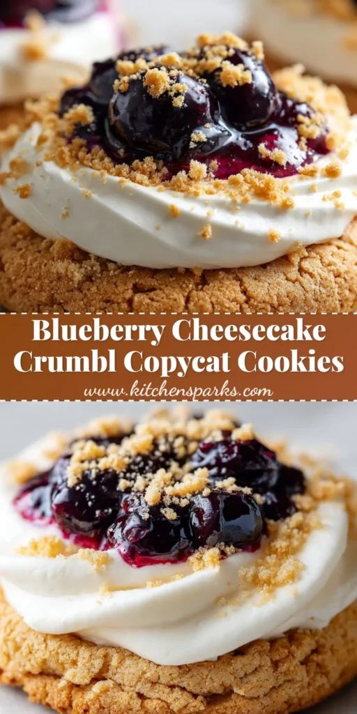 Overhead view of a thick Blueberry Cheesecake Cookie on parchment paper, featuring a graham cracker base, a swirl of white cream cheese frosting, and a glossy blueberry pie filling center topped with graham cracker crumbs.
