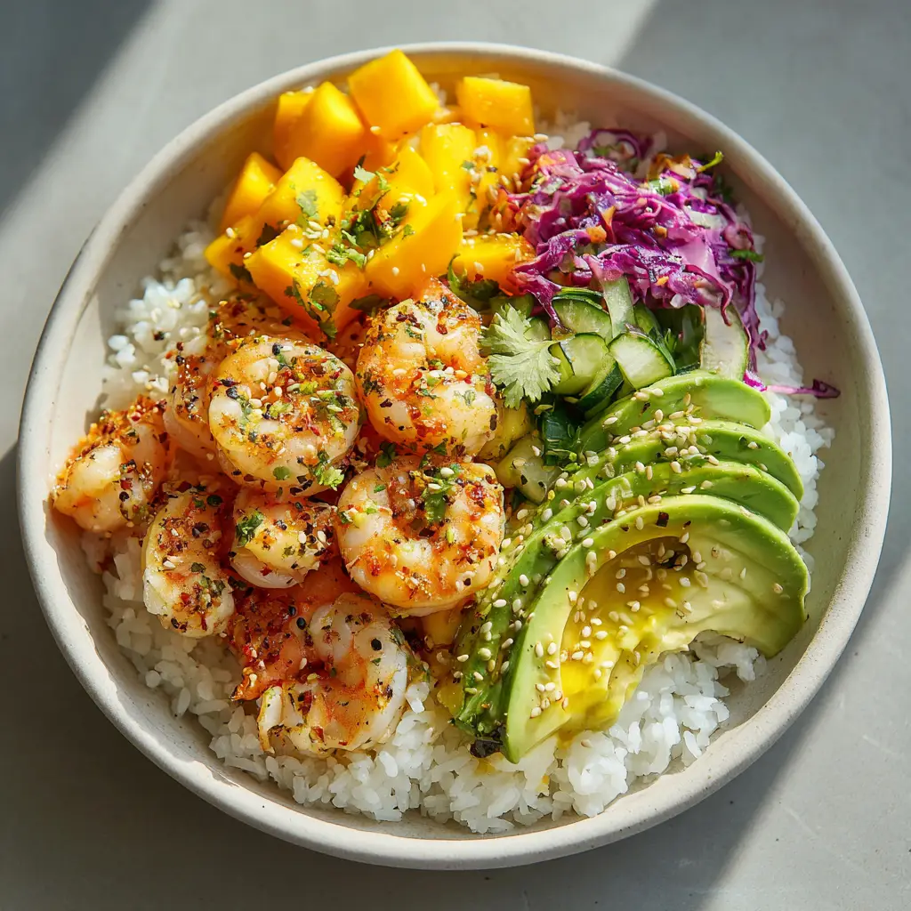 Top-down view of a colorful Shrimp Rice Bowl with a pale yellow citrus vinaigrette drizzle and sesame seed garnish.