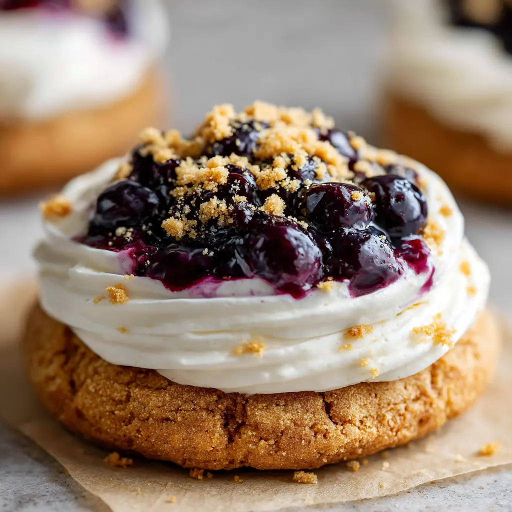Close-up handheld smartphone photo of a thick Blueberry Cheesecake Cookie with a deep purple blueberry pie filling and finely crushed graham cracker crumb dusting.