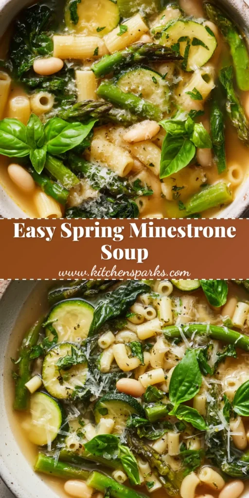 A rustic white ceramic bowl filled with Spring Minestrone Soup, featuring clear golden broth, ditalini pasta, asparagus, and fresh basil.