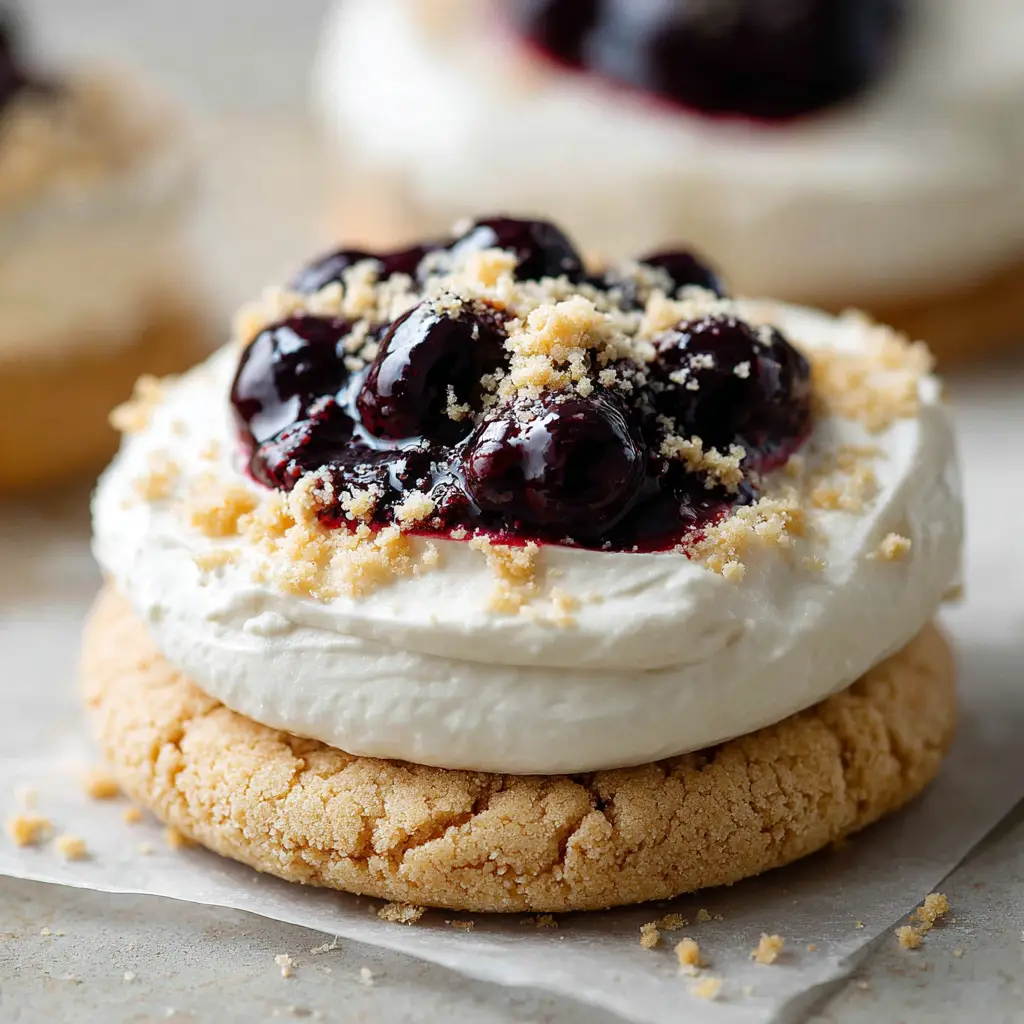 Extreme close-up of the thick, light-golden baked graham cracker cookie base of a Blueberry Cheesecake Cookie.