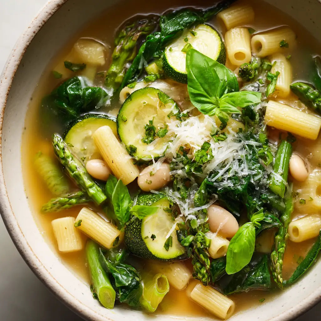Close up shot of light golden vegetable broth with submerged ditalini pasta and bright green asparagus.