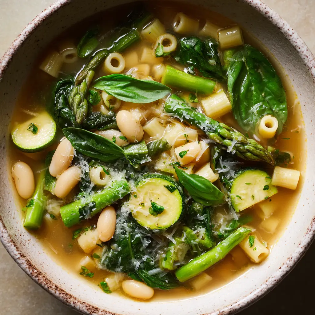 Tender cooked zucchini half-moons and plump white cannellini beans in a warm bowl of Spring Minestrone Soup.