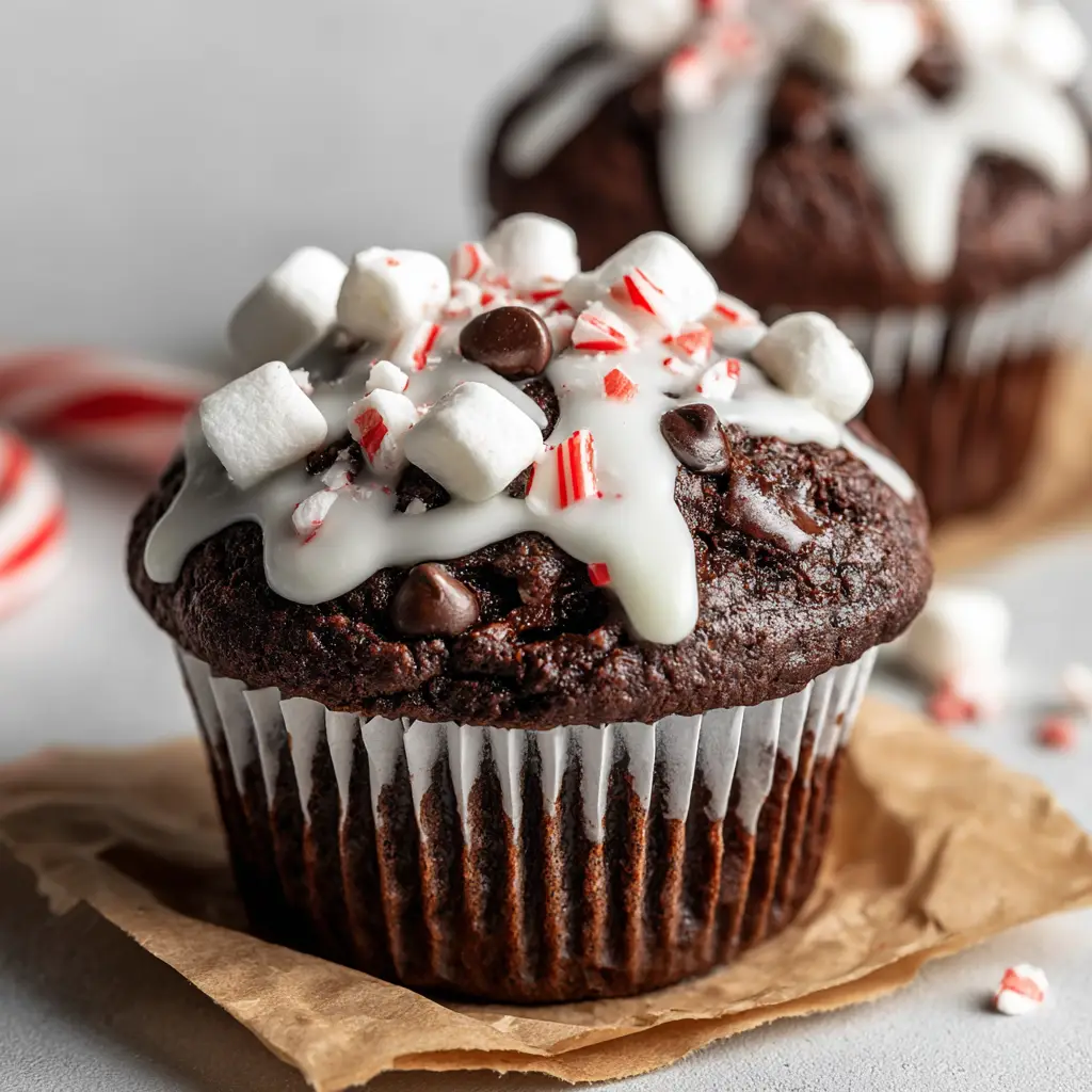 Macro shot of toasted mini white marshmallows and coarse chunks of crushed red and white peppermint candy canes on a dark chocolate muffin.