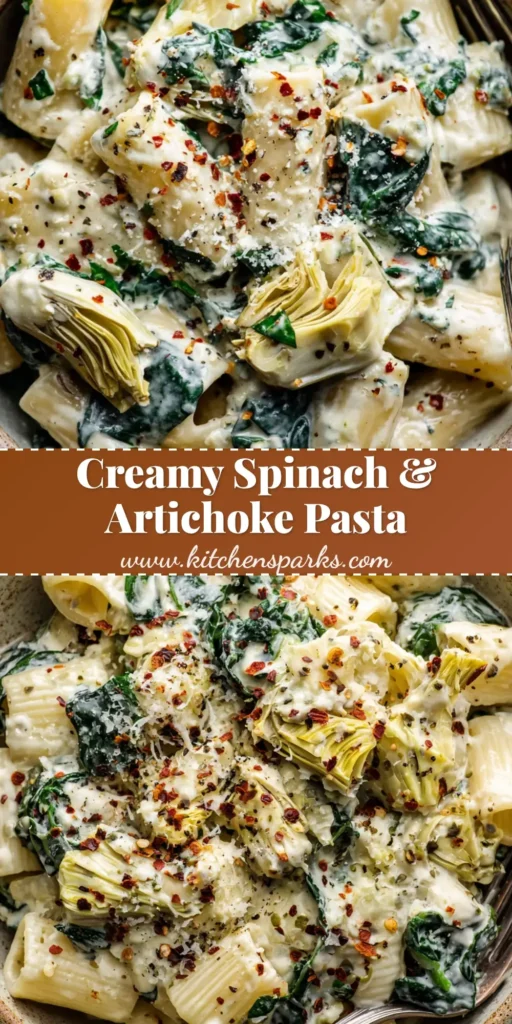 A close-up, overhead shot of creamy spinach and artichoke dip pasta served in a rustic ceramic bowl, garnished with freshly grated parmesan cheese and crushed red pepper flakes.