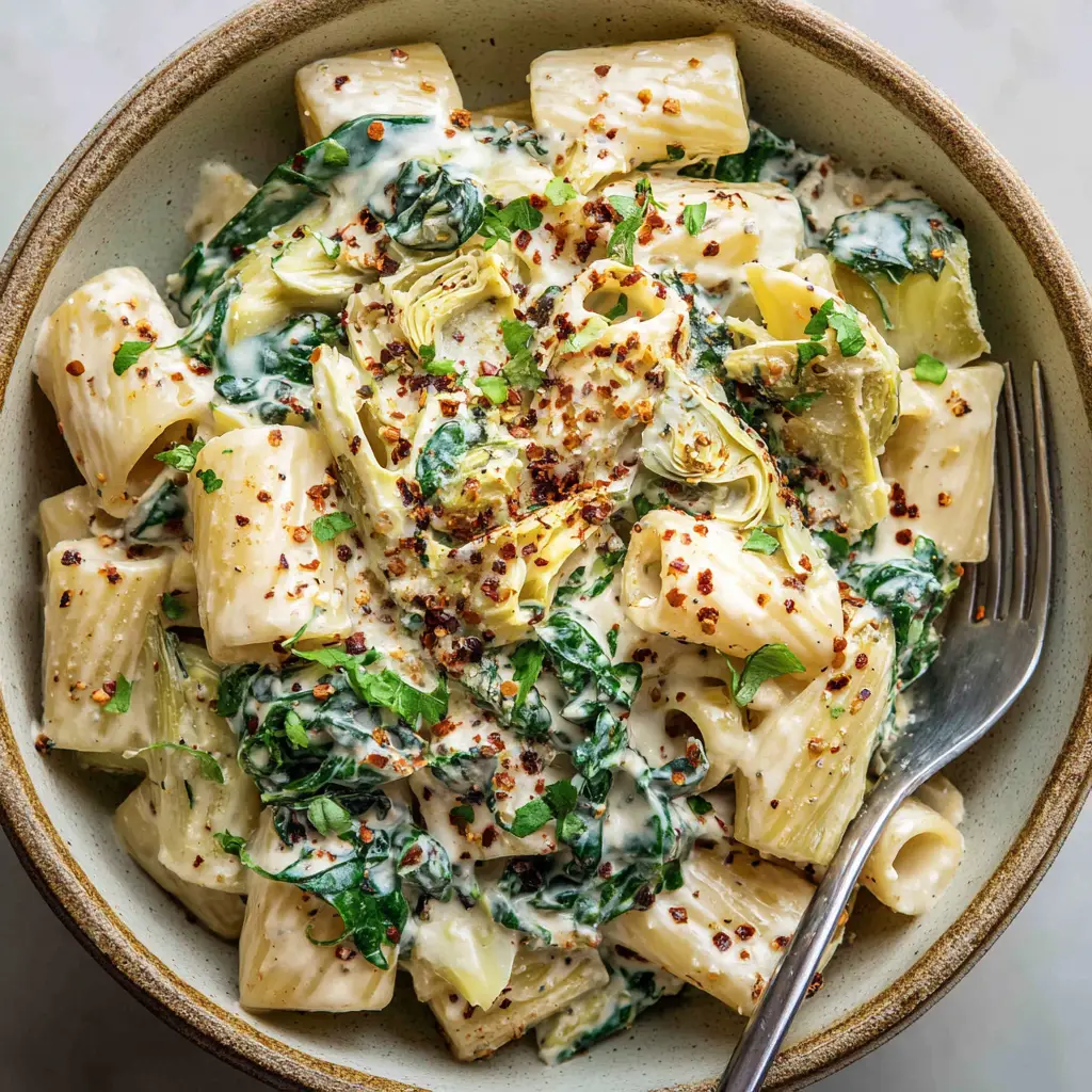 Al dente rigatoni pasta heavily coated in a thick, glossy white cheese sauce with dark green spinach leaves and artichoke hearts.