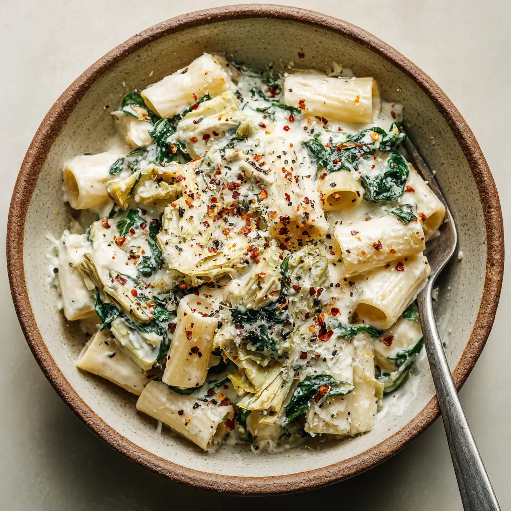 Rustic ceramic bowl filled with spinach artichoke pasta, sprinkled with coarse black pepper and a silver fork resting on the side.