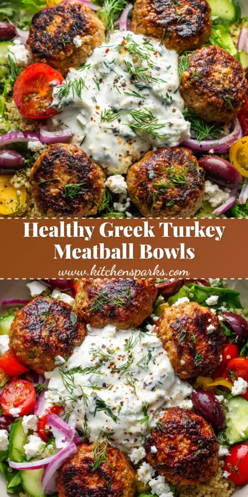 Close-up overhead view of a Mediterranean bowl featuring golden-brown seared ground turkey meatballs over fluffy quinoa and fresh greens, topped with tzatziki, feta, tomatoes, cucumbers, and Kalamata olives.