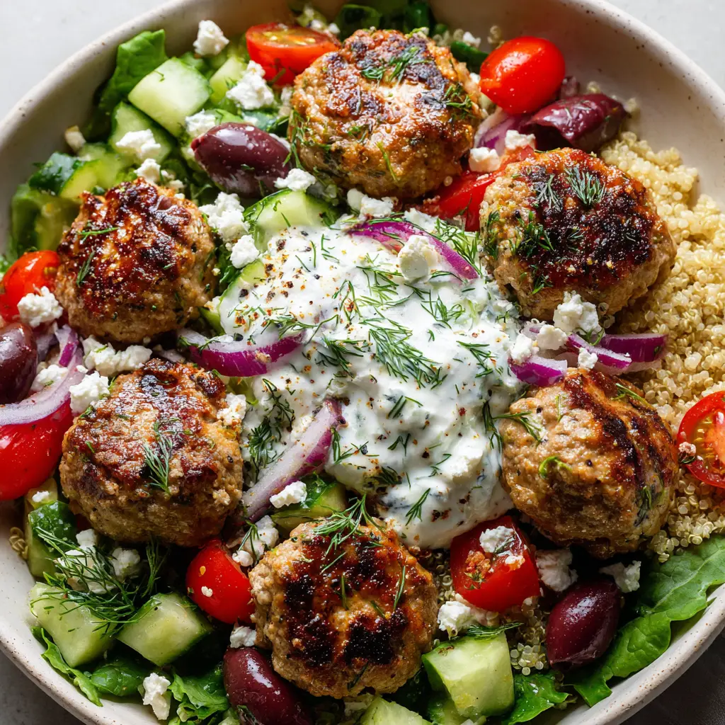 A shallow matte white ceramic dish filled with Greek Turkey Meatball Bowls, showing vibrant cherry tomatoes, crisp cucumbers, red onion slivers, and fresh dill.