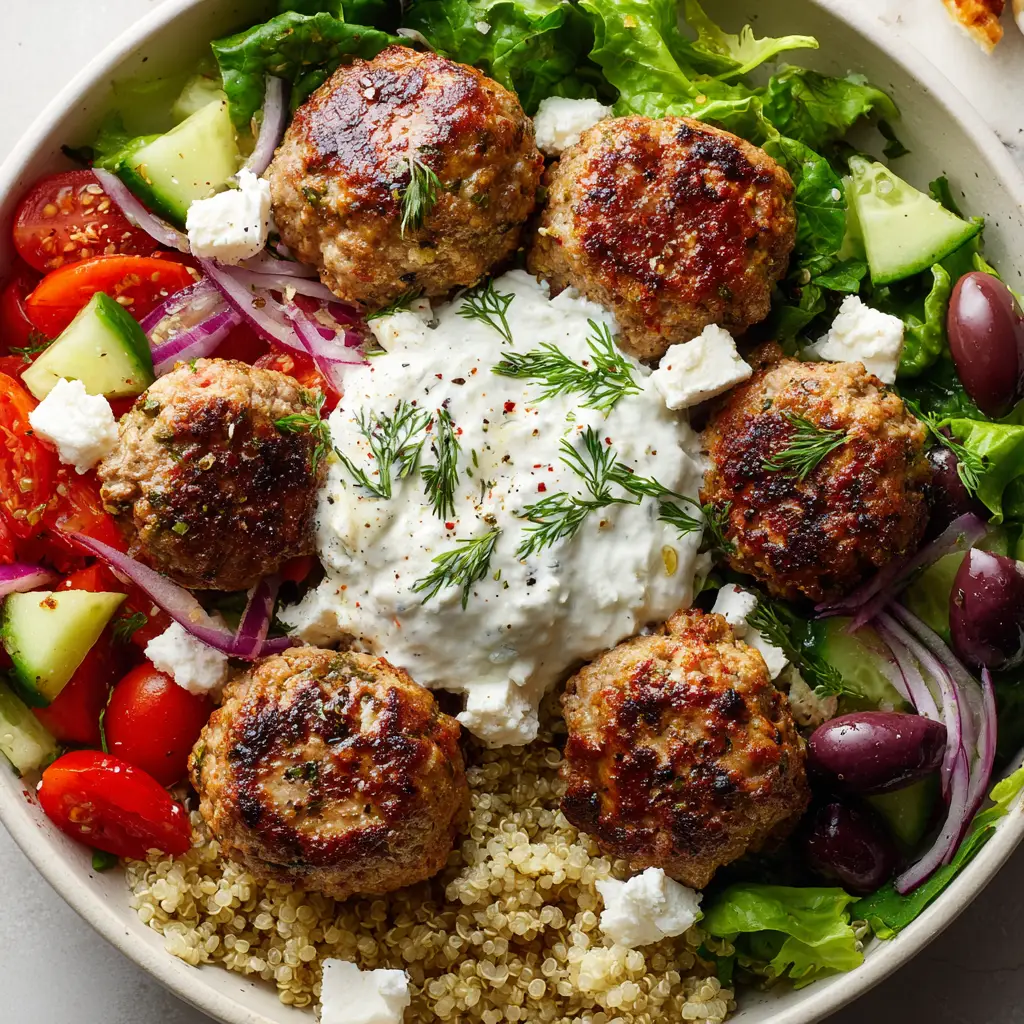 Close up of five golden-brown ground turkey meatballs with slightly charred edges, resting on quinoa with a dollop of creamy tzatziki sauce.