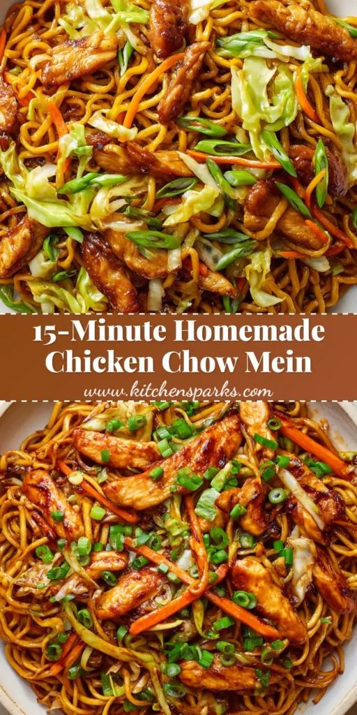 A close-up view of a classic Chicken Chow Mein Recipe with pan-fried thin egg noodles, glossy soy glaze, seared chicken strips, julienned carrots, and fresh scallions served in a white bowl.
