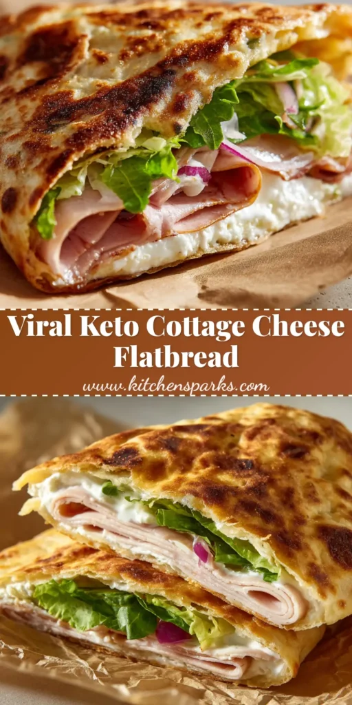 A close-up of a folded Keto Cottage Cheese Flatbread sandwich wrap filled with turkey, lettuce, onion, and mayonnaise on parchment paper.