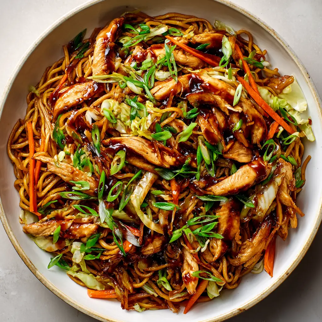 Detailed shot of glossy dark brown soy sauce clinging to crispy egg noodles and wok-seared chicken breast in a classic Chow Mein Recipe.