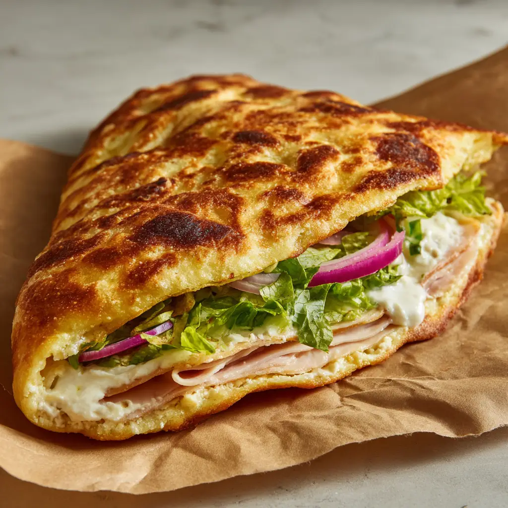 Golden baked thin cottage cheese flatbread folded in half showing blistered edges and a fluffy texture.