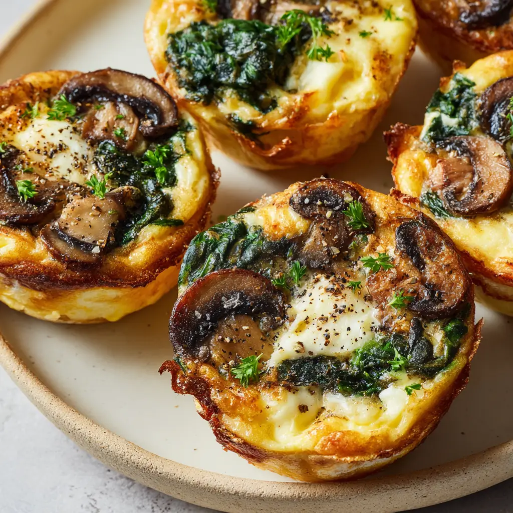 Golden-brown crispy edges of a spinach and mushroom quiche muffin with melted cheese pockets and fresh parsley garnish.