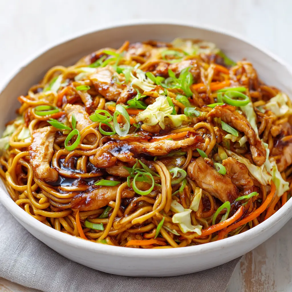 Overhead view of fresh Chicken Chow Mein featuring wilted pale green shredded cabbage, bright orange carrots, and freshly chopped scallions.