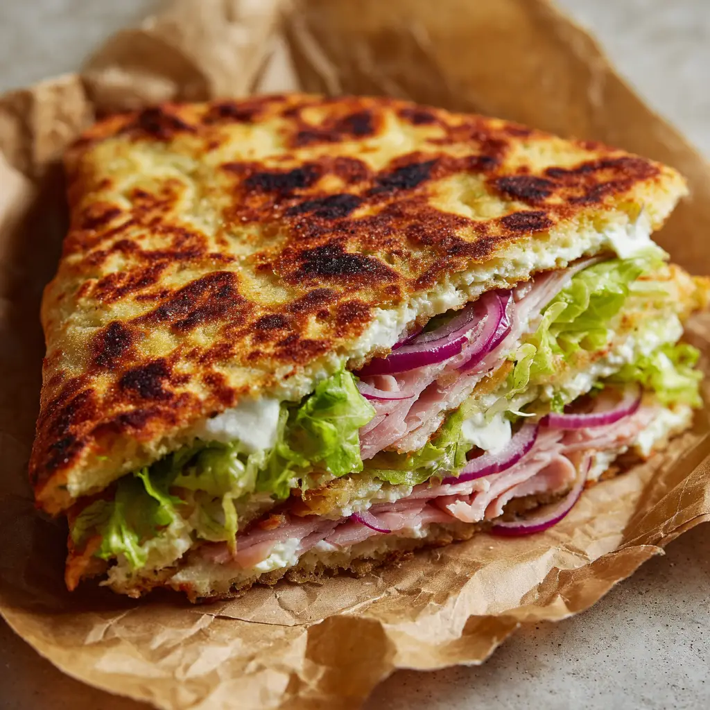 Inside a folded keto flatbread wrap featuring crisp green butter lettuce, folded turkey, thin red onions, and mayonnaise.