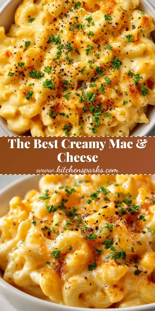 A steaming hot bowl of Creamy Mac and Cheese featuring tender elbow macaroni heavily coated in a thick, velvety yellow-orange cheese sauce, garnished with fresh green parsley and black pepper.