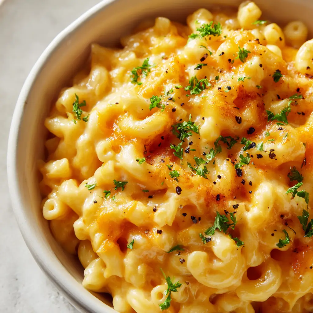 Close up view of perfectly cooked tender elbow macaroni heavily coated in a thick, velvety, glossy yellow-orange cheese sauce with melty stringy cheese pulling slightly between noodles.