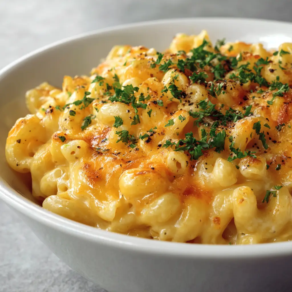 Creamy Mac and Cheese plated in a classic white ceramic serving bowl with slight golden-brown baked cheese spots on top.