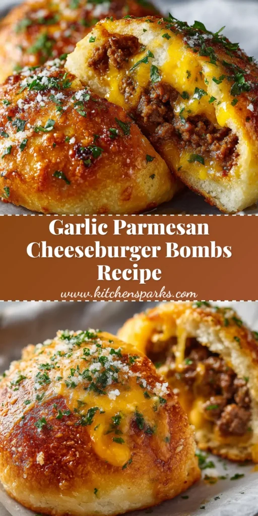 A steaming Cheeseburger Bomb torn in half showing gooey melted yellow cheddar and ground beef inside a golden brown baked dough.