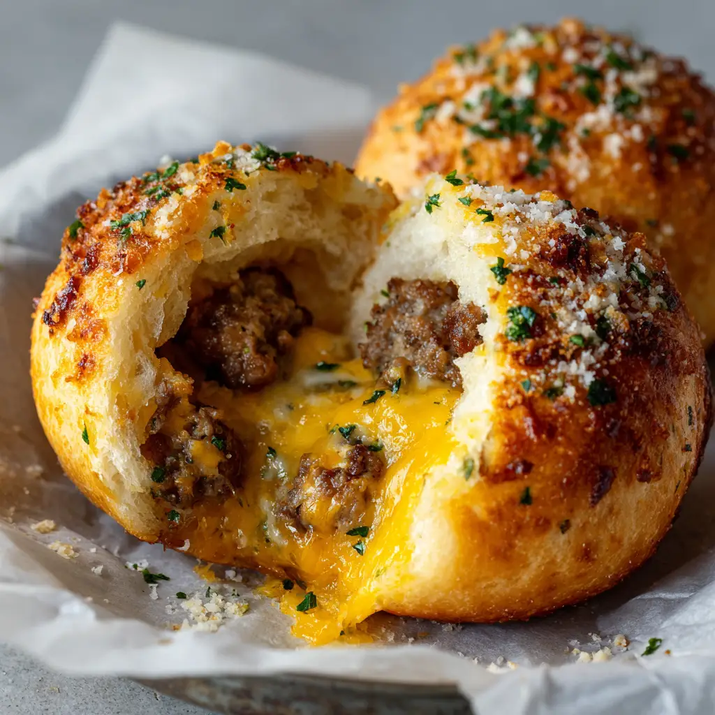 Close up of a freshly baked Cheeseburger Bomb resting on white crinkled parchment paper over a dark metal baking sheet.