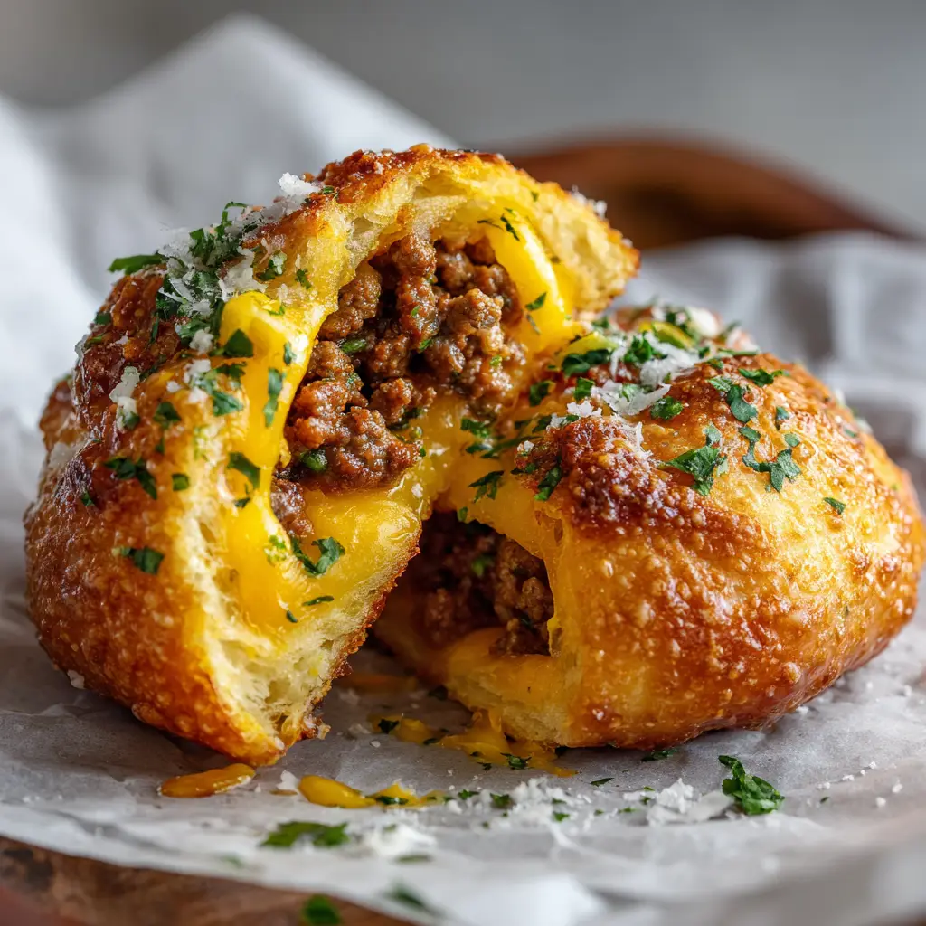 Handheld photo tearing open a Cheeseburger Bomb, revealing savory ground beef and melted yellow cheddar cheese.