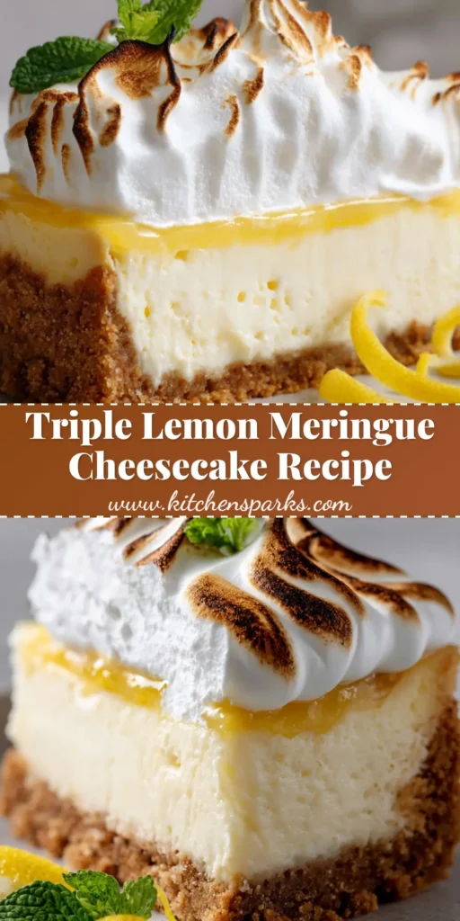 A spectacular Triple Lemon Meringue Cheesecake with a golden graham cracker crust, pale-yellow cheesecake base, bright lemon curd, and tall torched meringue peaks.
