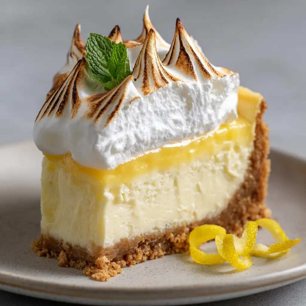 Close-up slice of triple lemon meringue cheesecake served on a matte white ceramic dessert plate in soft natural daylight.