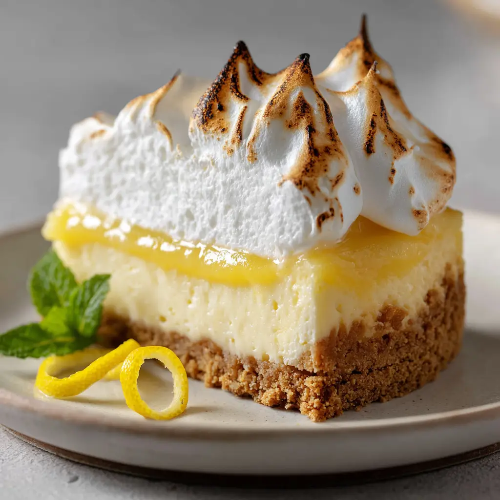 Detailed view of the glossy bright-yellow lemon curd layer nestled under fluffy toasted meringue.